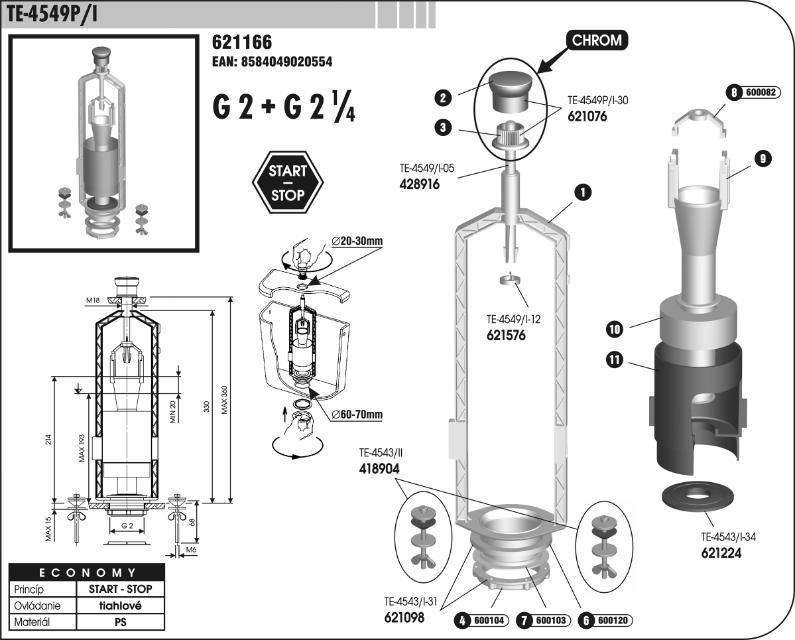 TE-4549P/I Vypúšťací ventil pre WC nádržky, G 2 + G 2 1/4", ŠTART - STOP systém, chróm