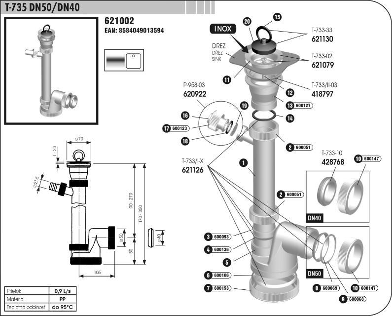 T-735 DN50/DN40 Drezový sifón s prípojkou pre umývačku riadu - nerezová mriežka