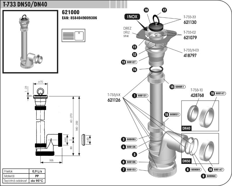 T-733 DN50/DN40 Drezový sifón - nerezová mriežka