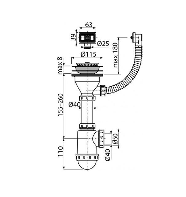 Sifón drezový s nerezovou mriežkou DN115 a flexi prepadom