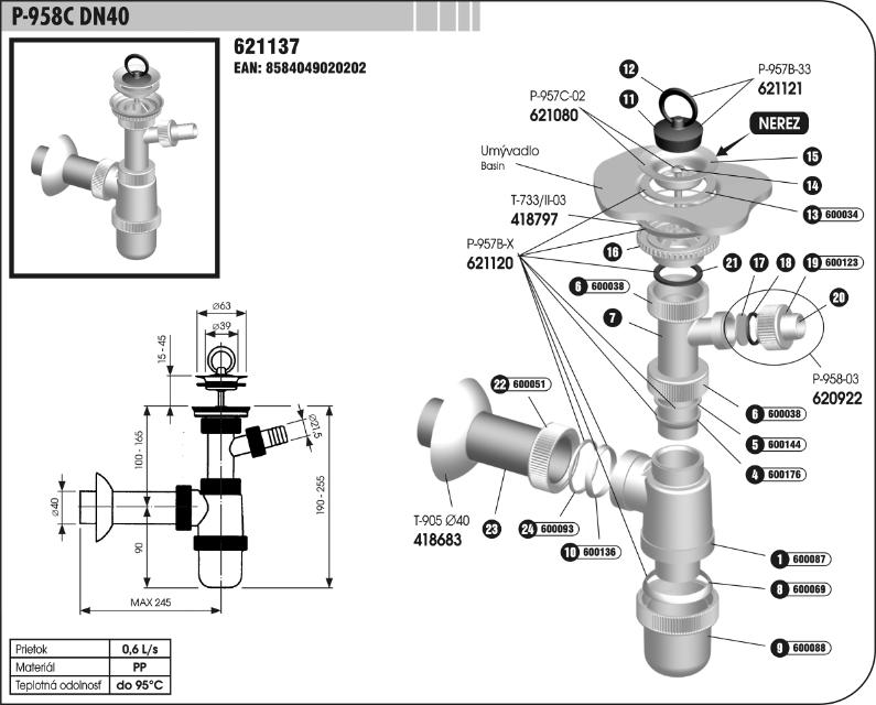 Umývadlový sifón - nerezová mriežka, s prípojkou pre pračku