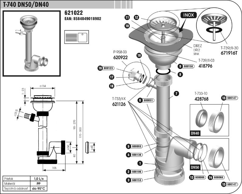 T-740 DN50/DN40 Drezový sifón s prípojkou pre umývačku riadu - nerezová mriežka priemer 114 mm