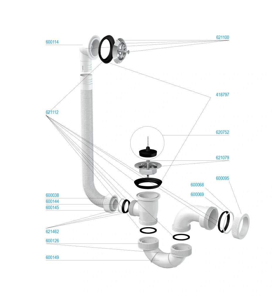 Vaňový sifón T-1437C DN50  - nerezová mriežka, gumová zátka s retiazkou, nerezová prepadová mriežka