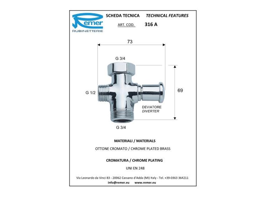 Sprchový prepínač kríž REMER 3/4"x1/2"x3/4", univerzálny. 316A
