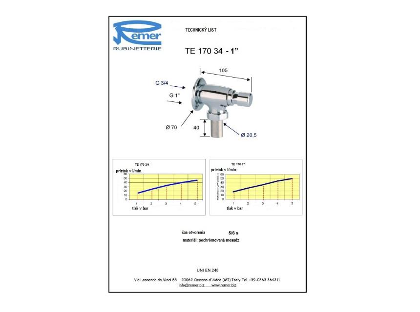 Tlačný ventil pre WC nástenný 1" REMER séria Tempor. TE1701