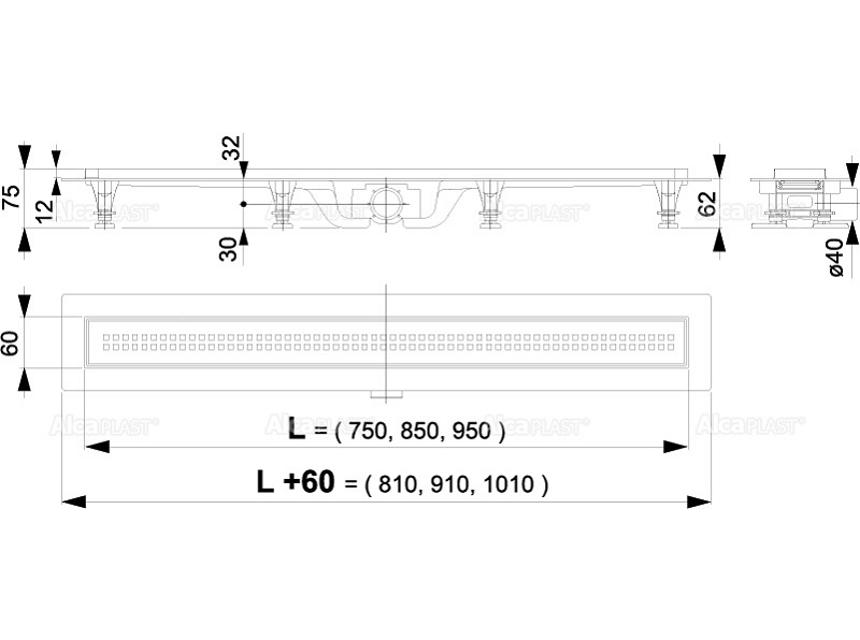 APZ9-650M SIMPLE Podlahový žľab s okrajom pre perforovaný rošt, dĺžka 650 mm, s roštom nerez
