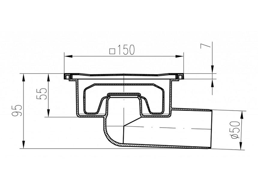 Podlahová vpust 326XN - DN 50/95 X N NEPTUN bočná D50/95 150x150 mm - plastová, mriežka nerez