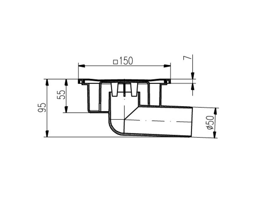 Podlahová vpust 326P - DN50/95 P  bočná D 50/95, 150x150 mm, plastová, zaťaženie K3 - 300 kg