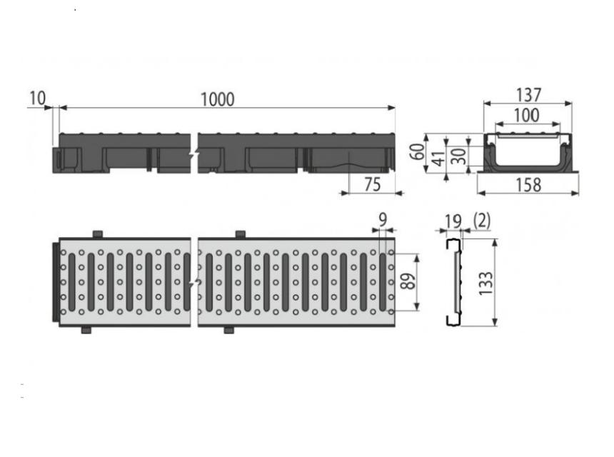 Žľab vonkajší AVZ112-R102 Low 60 mm s plastovým rámom a pozinkovaným roštom "C" profilu A15 
