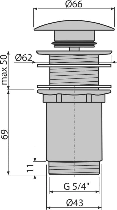 Výpusť umývadlová A395 CLICK/CLACK 5/4" celokovová bez prepadu, velká zátka, pre plastové a sklenené umývadlá