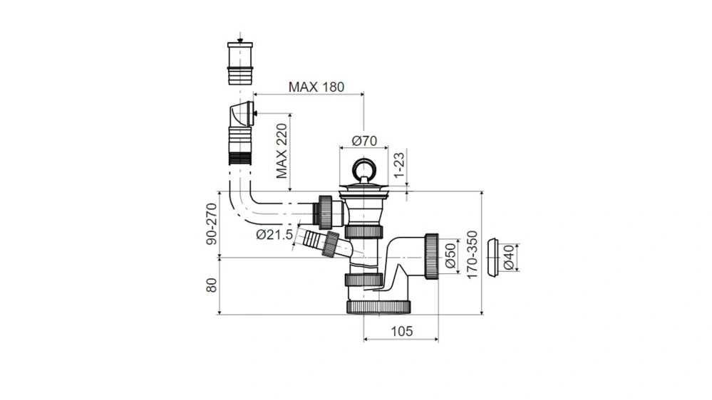 Drezový sifón T-735PBZ DN50/DN40, nerezová mriežka priemer 70mm, s prípojkou, a flexi prepadom