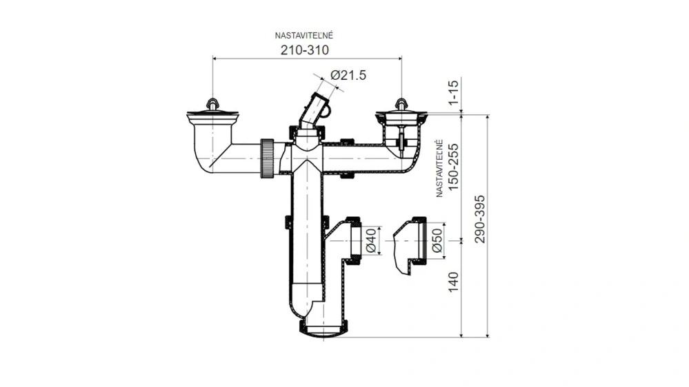 Drezový sifón T-724 DN50/DN40 pre dvojdrez, nerezové mriežky priemer 70 mm, s prípojkou