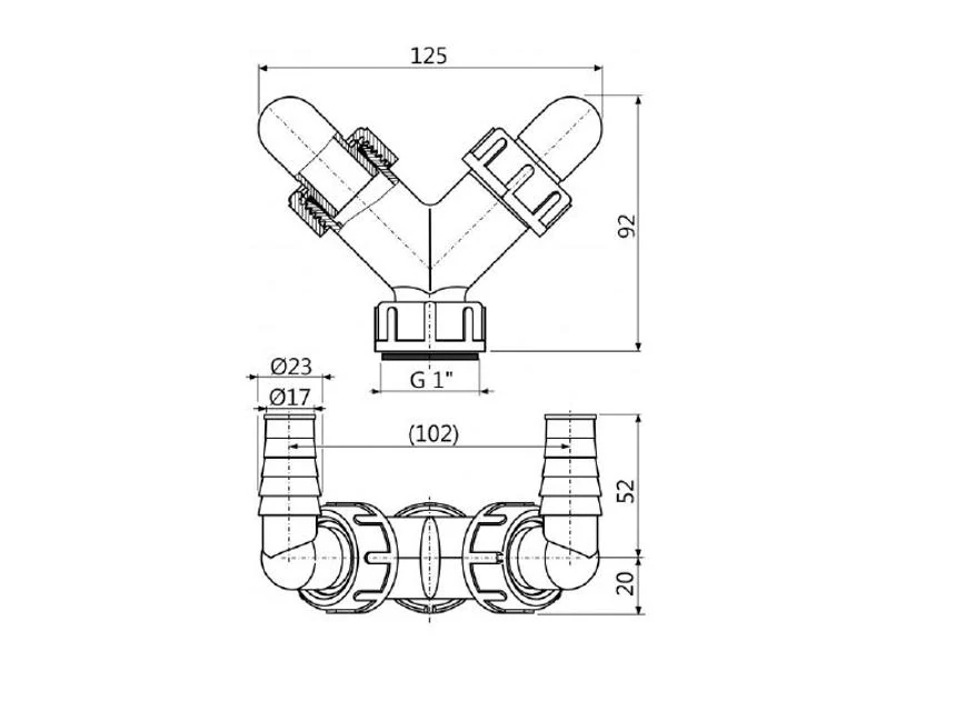 DVOJITÉ KOLIENKO G 1" × Ø 17–23 MM PRE NAPOJENIE PRÁČKY A UMÝVAČKY NA SIFÓN