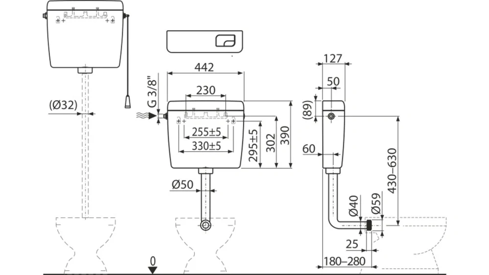 WC nádržka plastová A930-H-3/8" univerzálna DUAL systém 3/6 l (nahrádza A93 38)