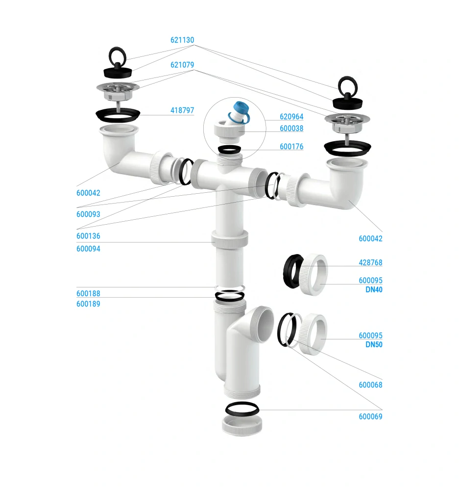 Drezový sifón T-724 DN50/DN40 pre dvojdrez, nerezové mriežky priemer 70 mm, s prípojkou