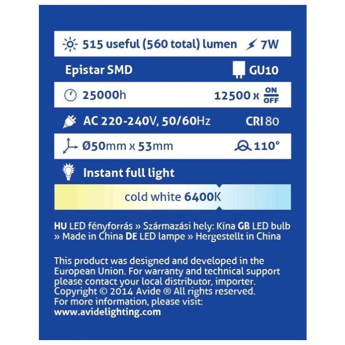 Žiarovka LED Spot 7W GU10 CW 110° Alu+Plastic (560lm) High Lumen
