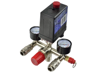 Tlakový spínač na kompresor 8 bar, 230V, 2 výstupy 1/4" s manometrami, GEKO
